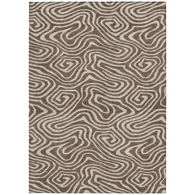 9' X 12' Brown And Beige Abstract Washable Indoor Outdoor Area Rug