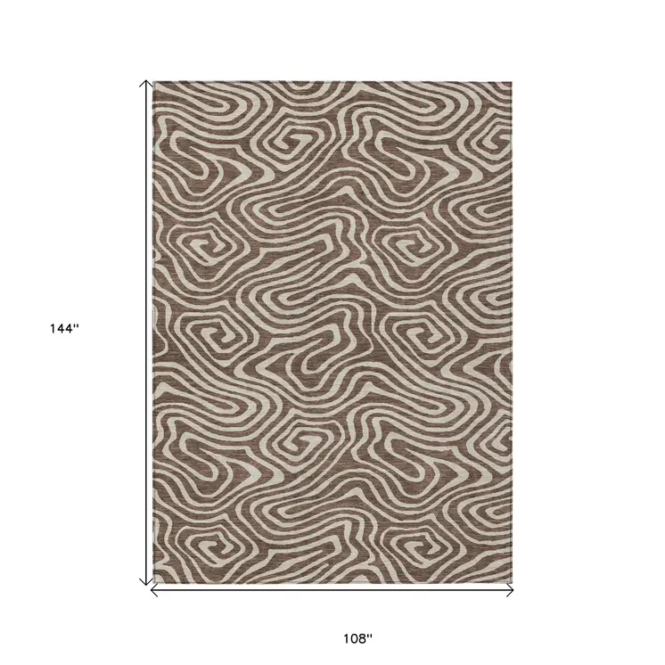 9' X 12' Brown And Beige Abstract Washable Indoor Outdoor Area Rug