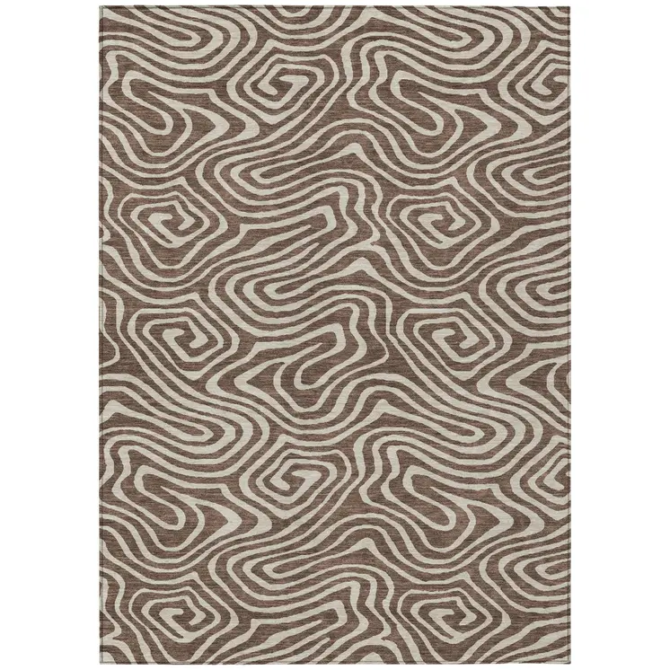 9' X 12' Brown And Beige Abstract Washable Indoor Outdoor Area Rug
