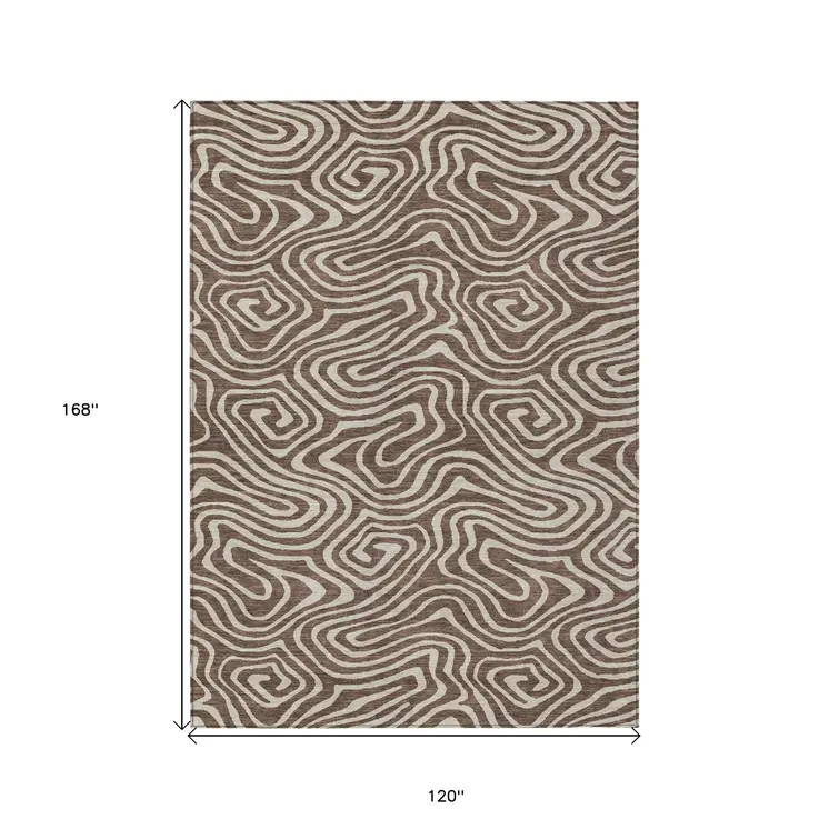 10' X 14' Brown And Beige Abstract Washable Indoor Outdoor Area Rug
