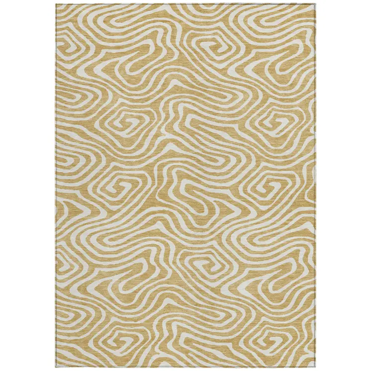3' X 5' Gold And Beige Abstract Washable Indoor Outdoor Area Rug