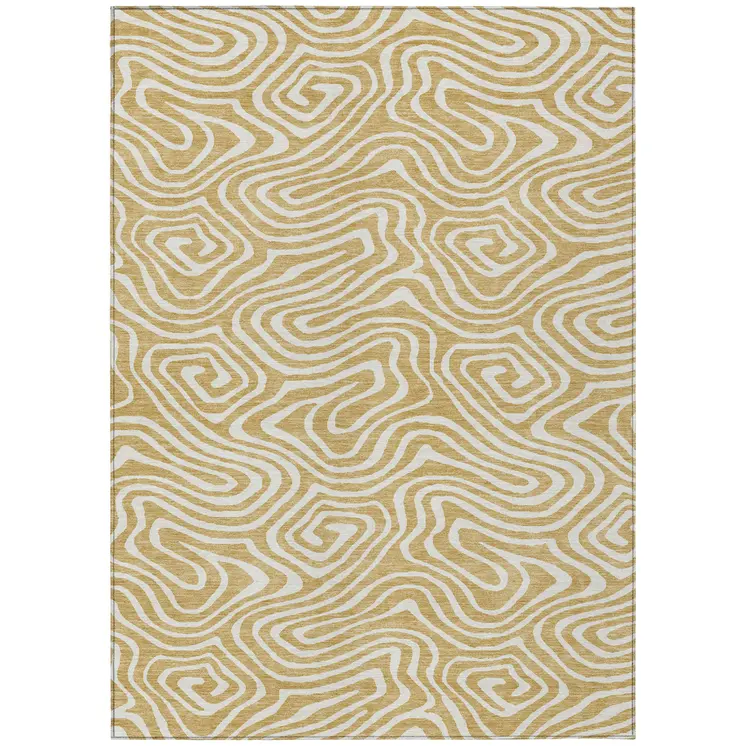 3' X 5' Gold And Beige Abstract Washable Indoor Outdoor Area Rug