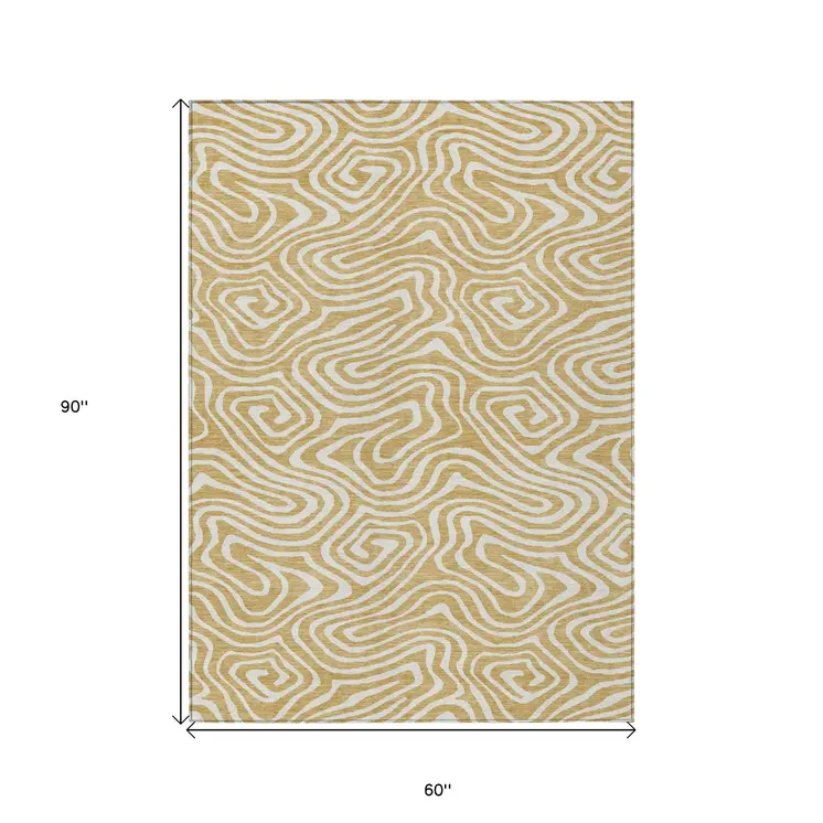 5' X 8' Gold And Beige Abstract Washable Indoor Outdoor Area Rug
