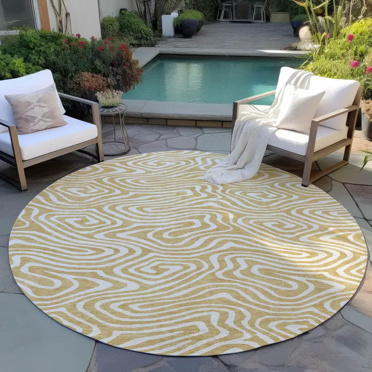 8' Gold And Beige Round Abstract Washable Indoor Outdoor Area Rug