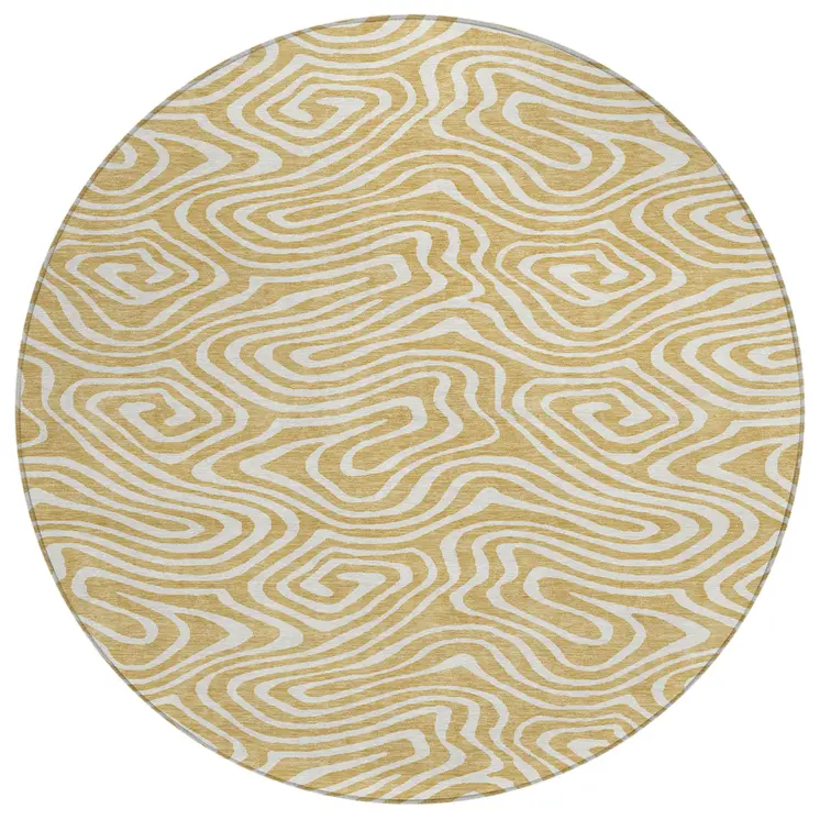 8' Gold And Beige Round Abstract Washable Indoor Outdoor Area Rug