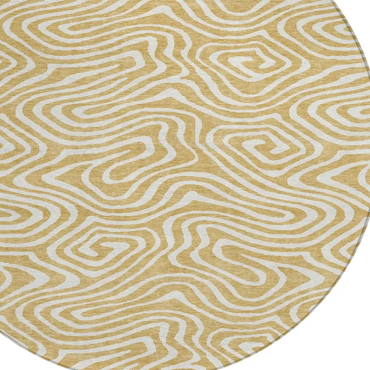 8' Gold And Beige Round Abstract Washable Indoor Outdoor Area Rug