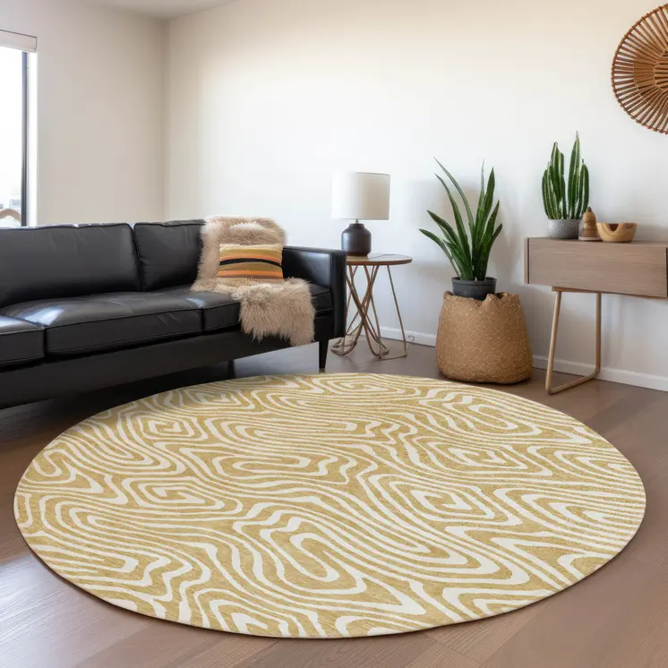 8' Gold And Beige Round Abstract Washable Indoor Outdoor Area Rug