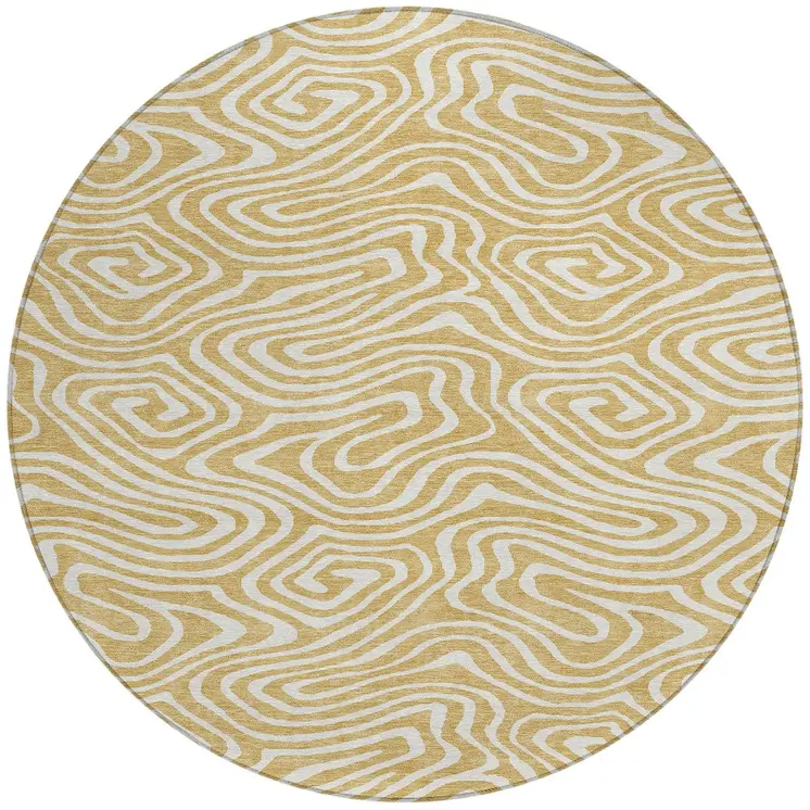 8' Gold And Beige Round Abstract Washable Indoor Outdoor Area Rug