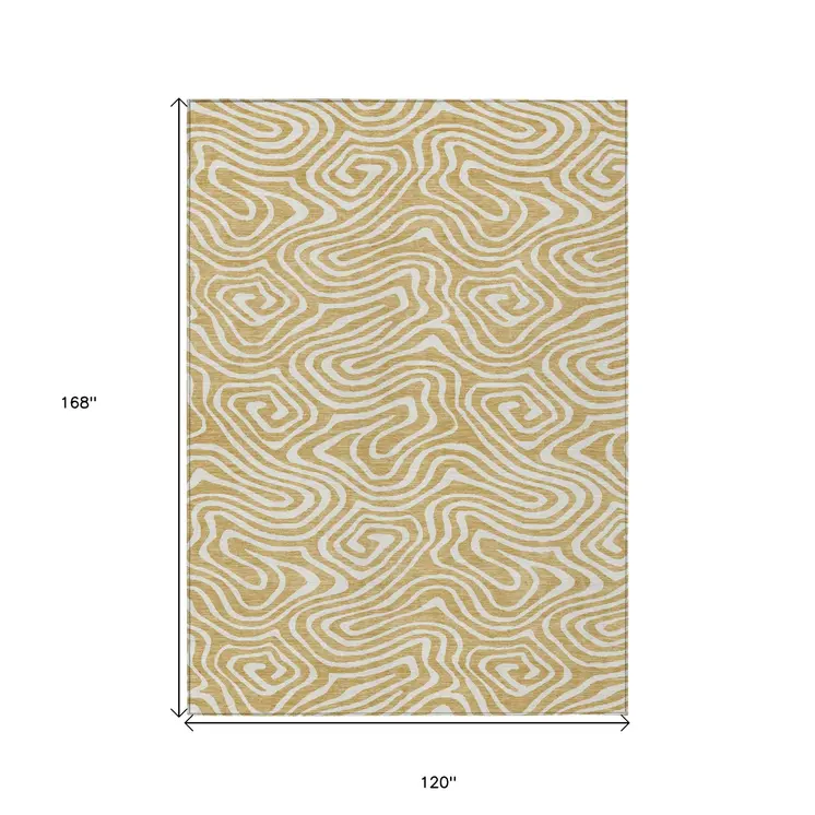 10' X 14' Gold And Beige Abstract Washable Indoor Outdoor Area Rug