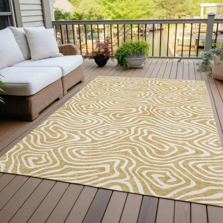 10' X 14' Gold And Beige Abstract Washable Indoor Outdoor Area Rug