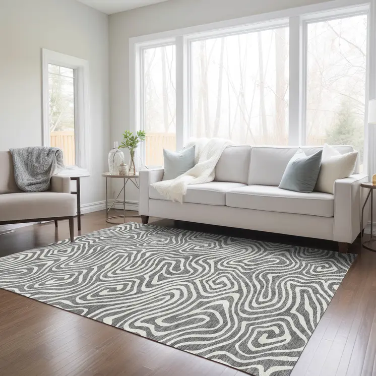 3' X 5' Gray And Ivory Abstract Washable Indoor Outdoor Area Rug