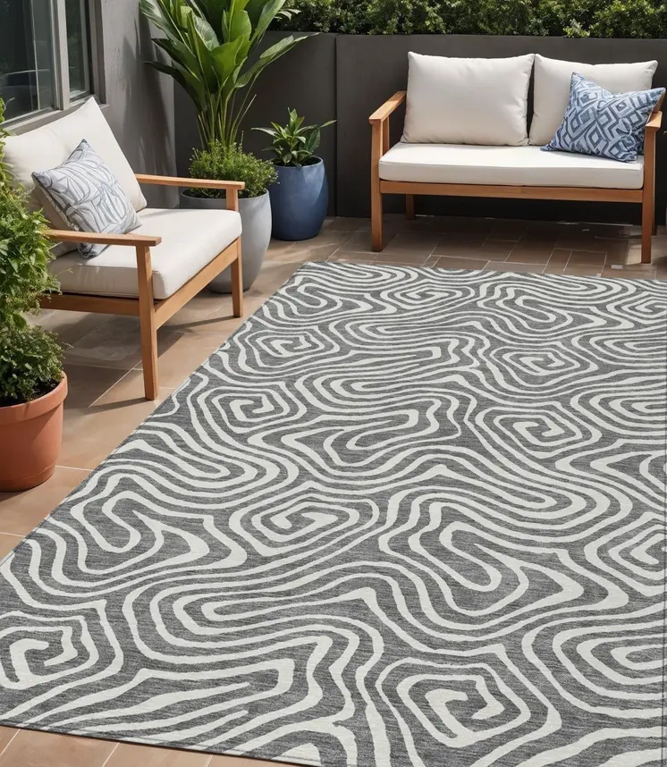 5' X 8' Gray And Ivory Abstract Washable Indoor Outdoor Area Rug