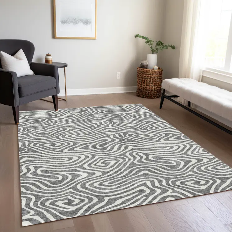 5' X 8' Gray And Ivory Abstract Washable Indoor Outdoor Area Rug