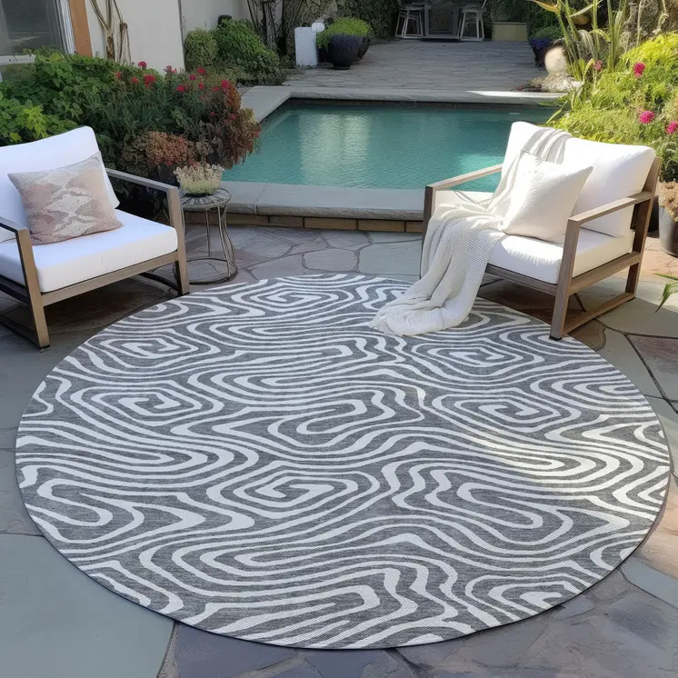8' Gray And Ivory Round Abstract Washable Indoor Outdoor Area Rug