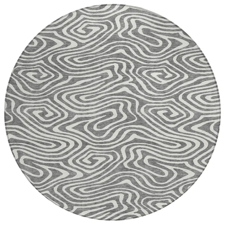 8' Gray And Ivory Round Abstract Washable Indoor Outdoor Area Rug