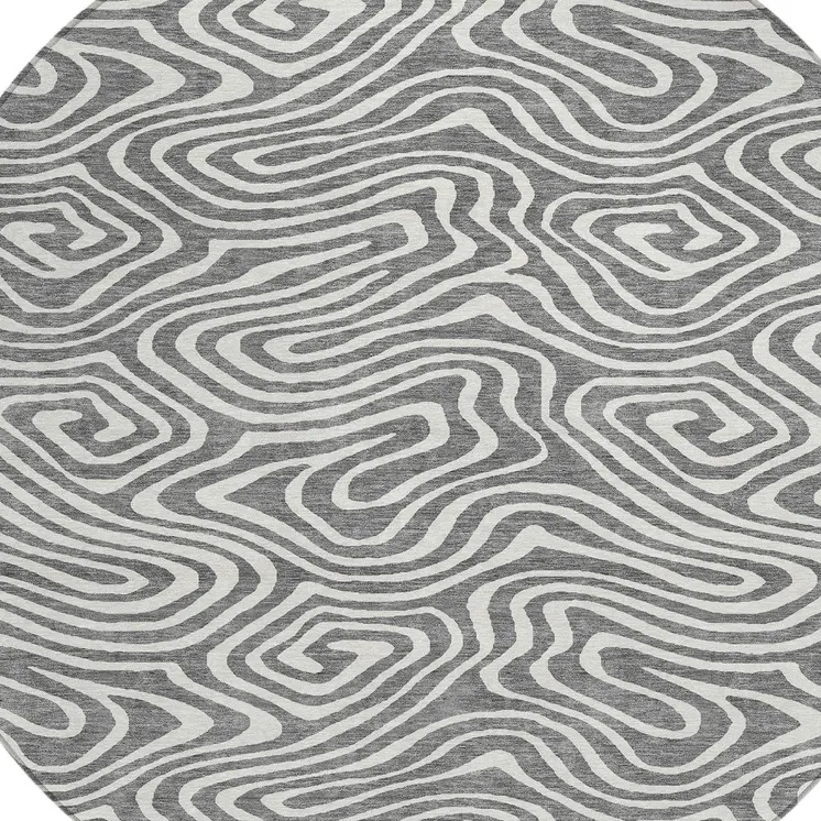 8' Gray And Ivory Round Abstract Washable Indoor Outdoor Area Rug
