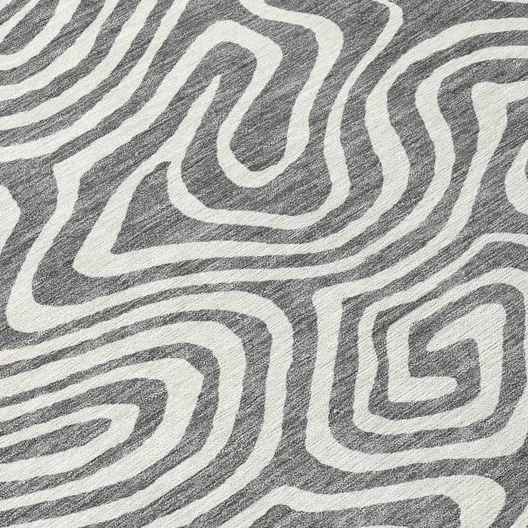 8' Gray And Ivory Round Abstract Washable Indoor Outdoor Area Rug