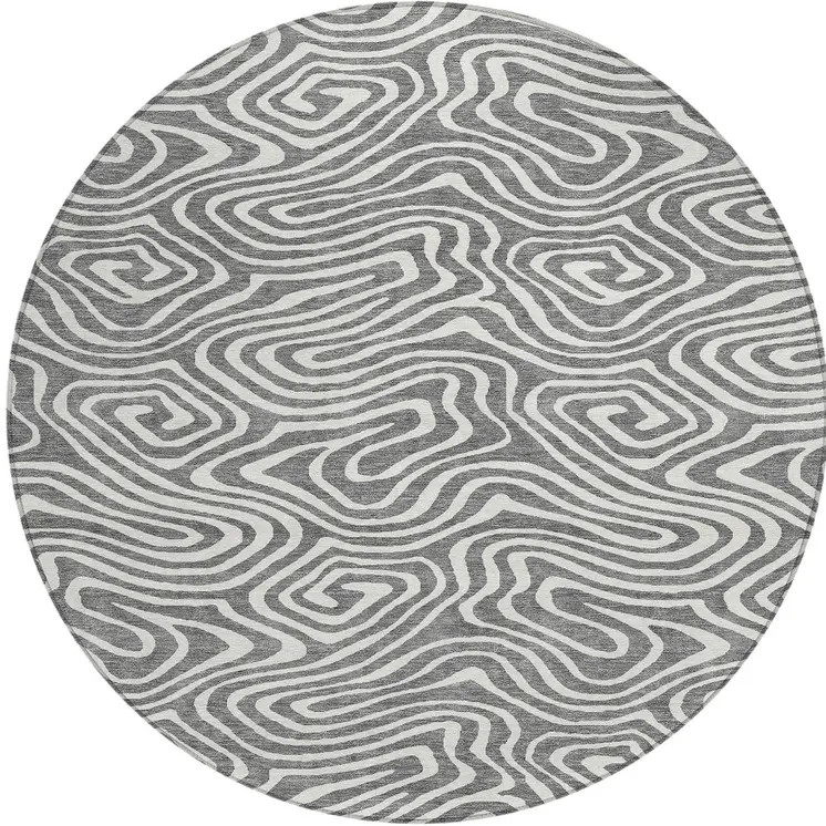 8' Gray And Ivory Round Abstract Washable Indoor Outdoor Area Rug