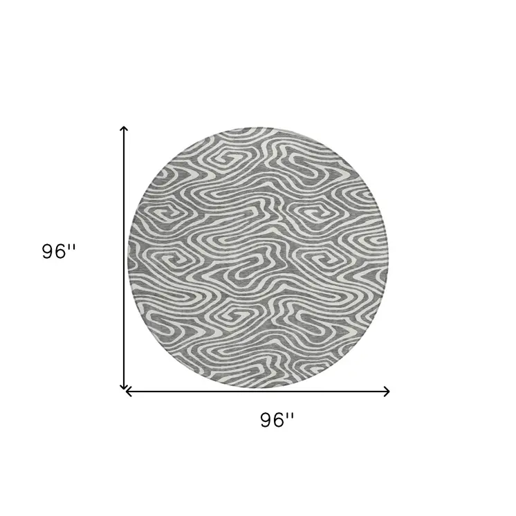 8' Gray And Ivory Round Abstract Washable Indoor Outdoor Area Rug
