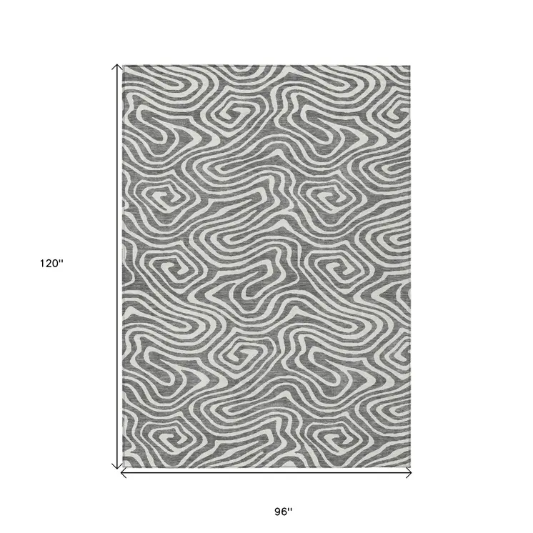 8' X 10' Gray And Ivory Abstract Washable Indoor Outdoor Area Rug