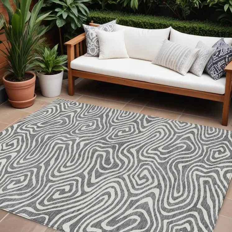 8' X 10' Gray And Ivory Abstract Washable Indoor Outdoor Area Rug