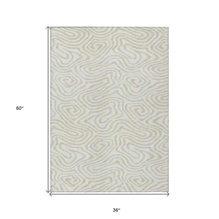 3' X 5' Ivory And Beige Abstract Washable Indoor Outdoor Area Rug