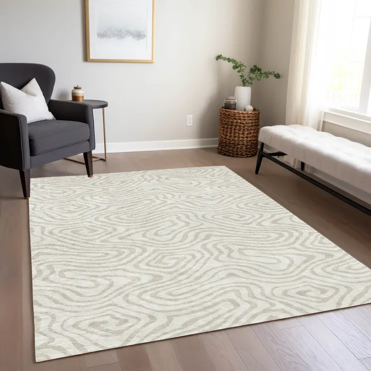 5' X 8' Ivory And Beige Abstract Washable Indoor Outdoor Area Rug