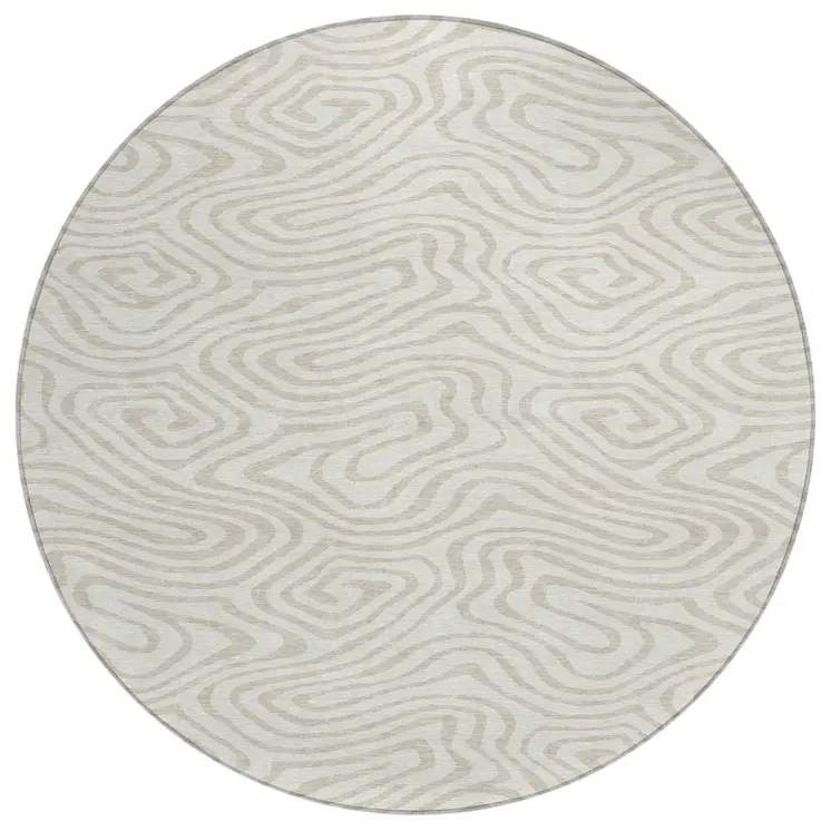 8' Ivory And Beige Round Abstract Washable Indoor Outdoor Area Rug