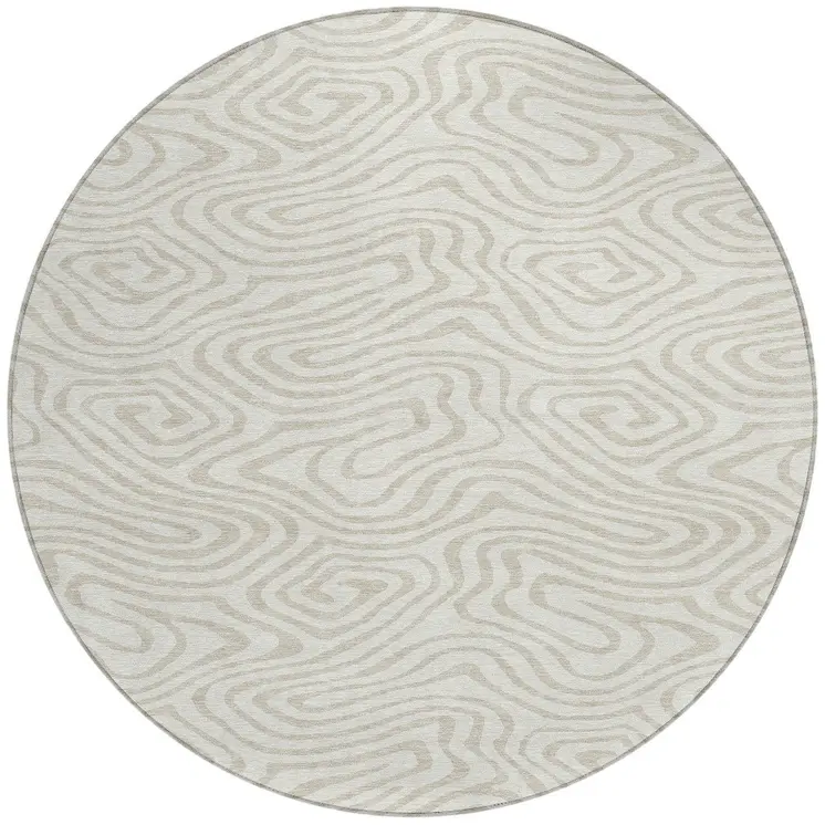8' Ivory And Beige Round Abstract Washable Indoor Outdoor Area Rug