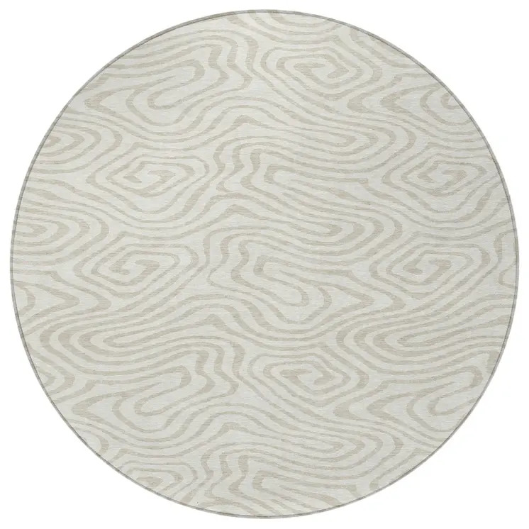 8' Ivory And Beige Round Abstract Washable Indoor Outdoor Area Rug