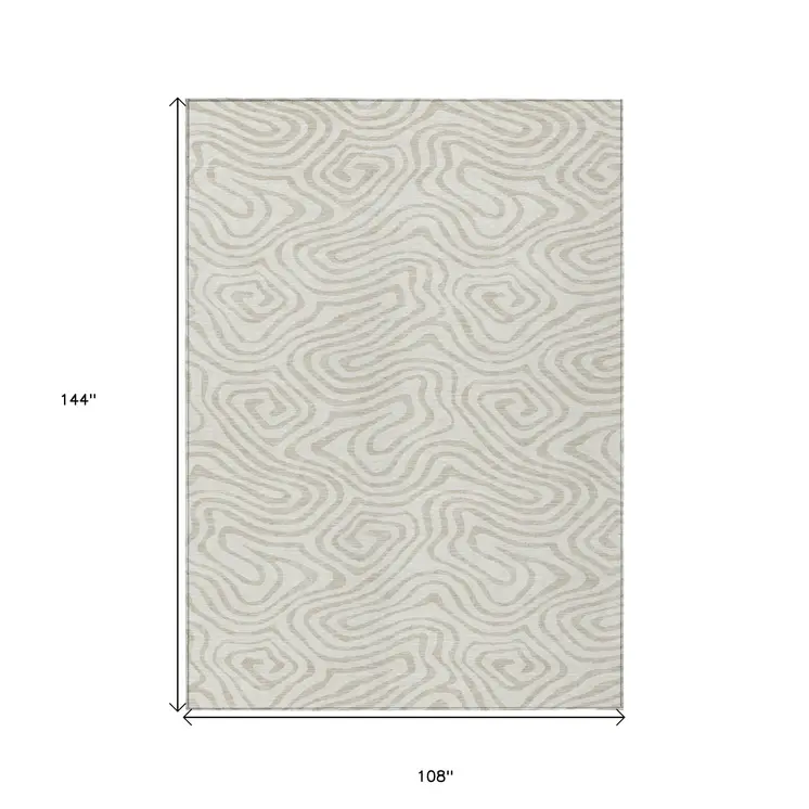 9' X 12' Ivory And Beige Abstract Washable Indoor Outdoor Area Rug