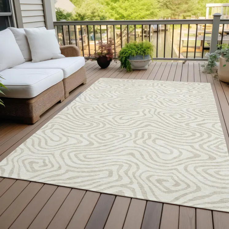 9' X 12' Ivory And Beige Abstract Washable Indoor Outdoor Area Rug
