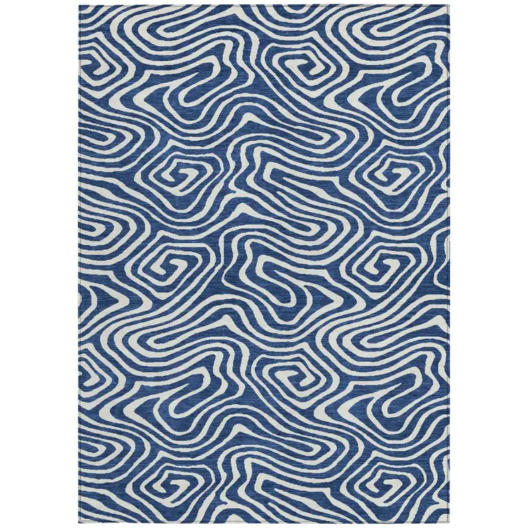 5' X 8' Navy Blue And Ivory Abstract Washable Indoor Outdoor Area Rug