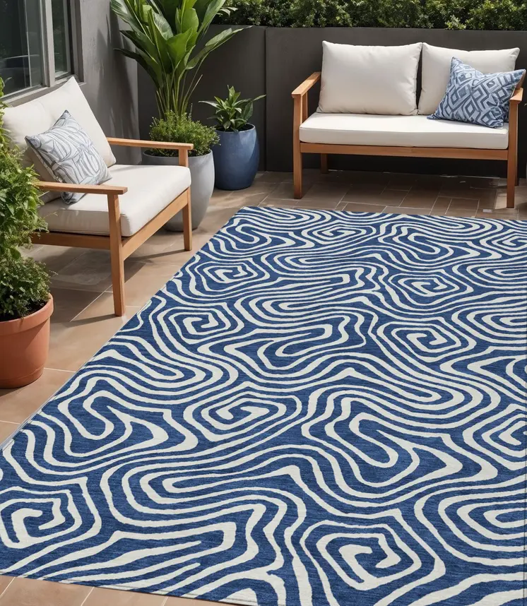 5' X 8' Navy Blue And Ivory Abstract Washable Indoor Outdoor Area Rug