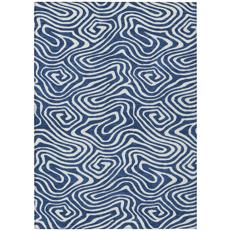 5' X 8' Navy Blue And Ivory Abstract Washable Indoor Outdoor Area Rug