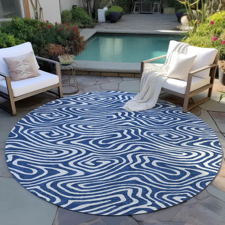 8' Navy Blue And Ivory Round Abstract Washable Indoor Outdoor Area Rug