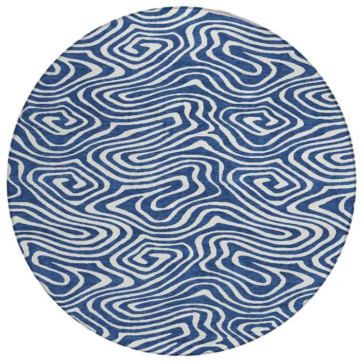 8' Navy Blue And Ivory Round Abstract Washable Indoor Outdoor Area Rug