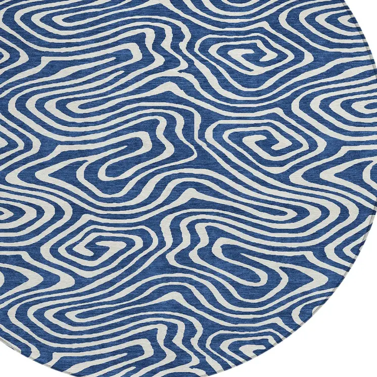 8' Navy Blue And Ivory Round Abstract Washable Indoor Outdoor Area Rug