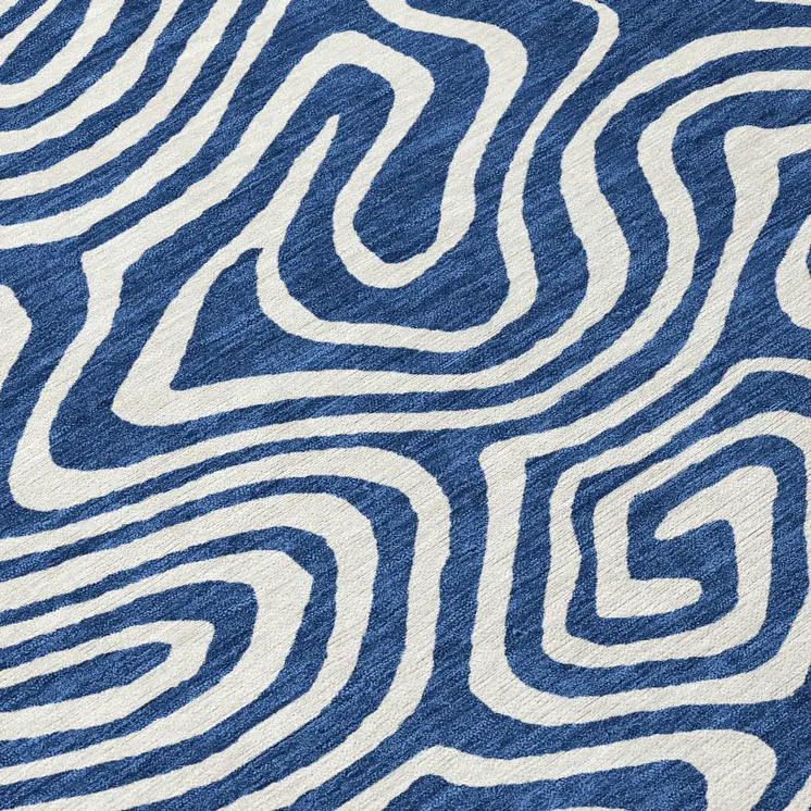 8' Navy Blue And Ivory Round Abstract Washable Indoor Outdoor Area Rug