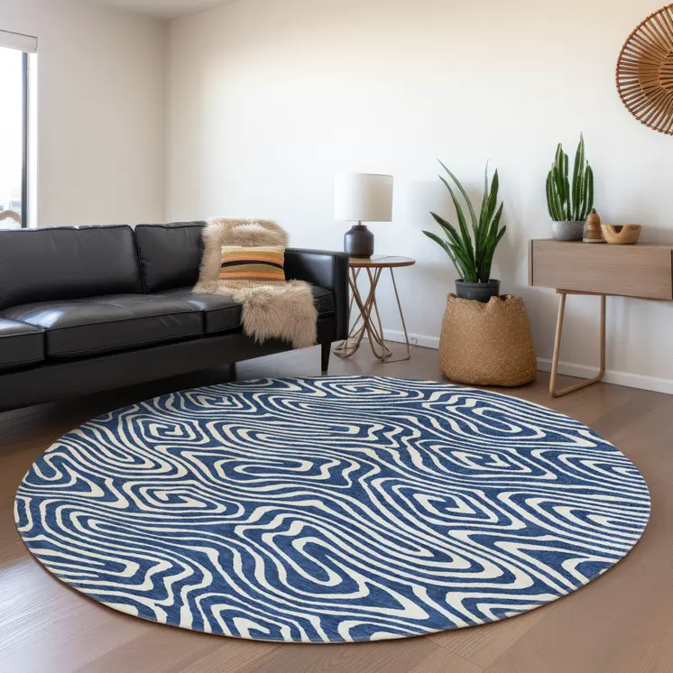 8' Navy Blue And Ivory Round Abstract Washable Indoor Outdoor Area Rug