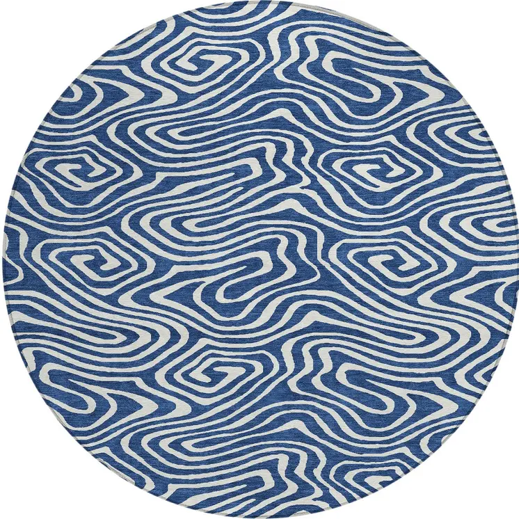 8' Navy Blue And Ivory Round Abstract Washable Indoor Outdoor Area Rug