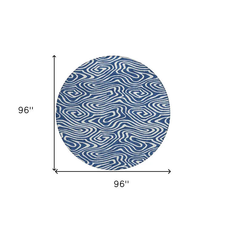 8' Navy Blue And Ivory Round Abstract Washable Indoor Outdoor Area Rug