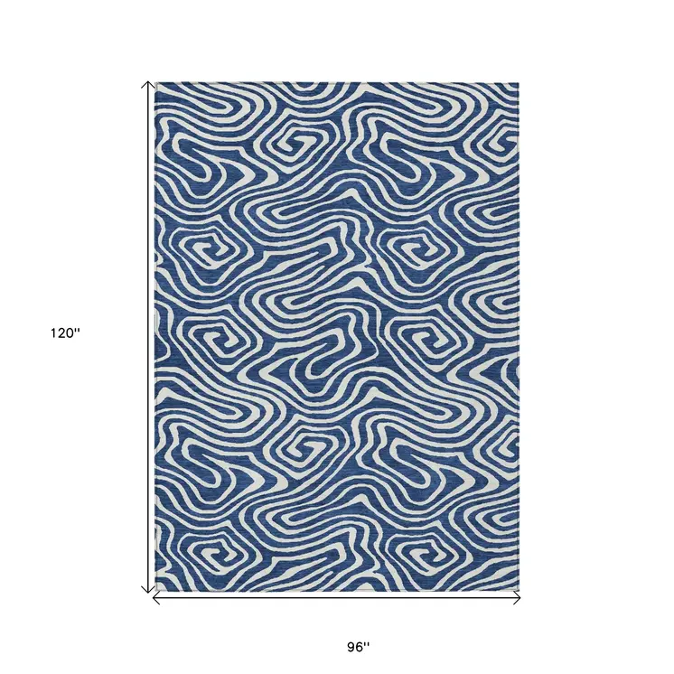 8' X 10' Navy Blue And Ivory Abstract Washable Indoor Outdoor Area Rug