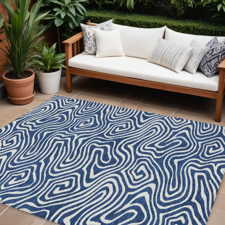 8' X 10' Navy Blue And Ivory Abstract Washable Indoor Outdoor Area Rug
