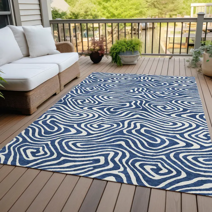 8' X 10' Navy Blue And Ivory Abstract Washable Indoor Outdoor Area Rug