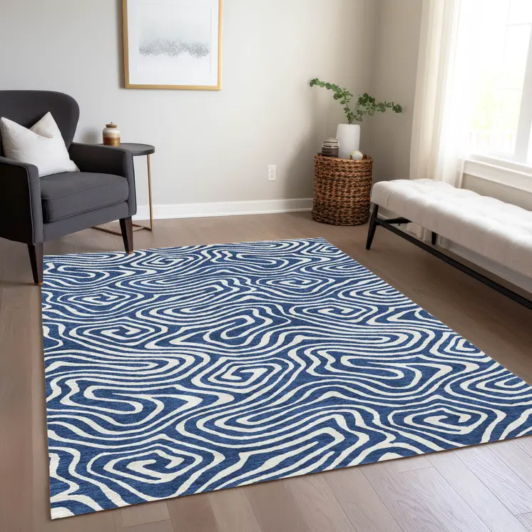 9' X 12' Navy Blue And Ivory Abstract Washable Indoor Outdoor Area Rug