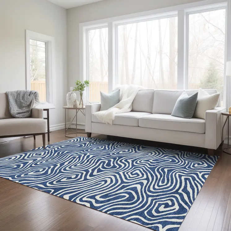 9' X 12' Navy Blue And Ivory Abstract Washable Indoor Outdoor Area Rug