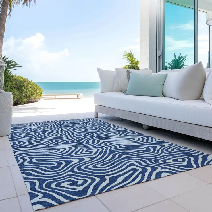 9' X 12' Navy Blue And Ivory Abstract Washable Indoor Outdoor Area Rug