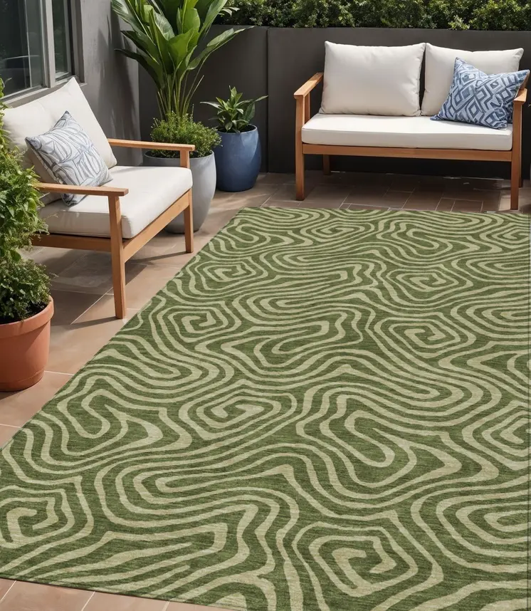 5' X 8' Olive Green And Light Green Abstract Washable Indoor Outdoor Area Rug