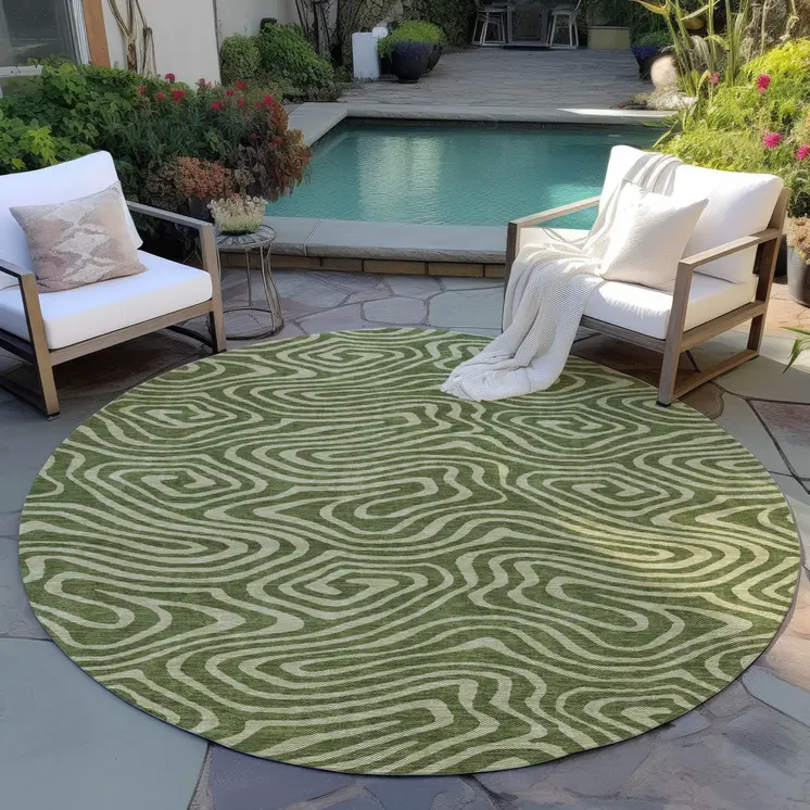 8' Olive Green And Light Green Round Abstract Washable Indoor Outdoor Area Rug
